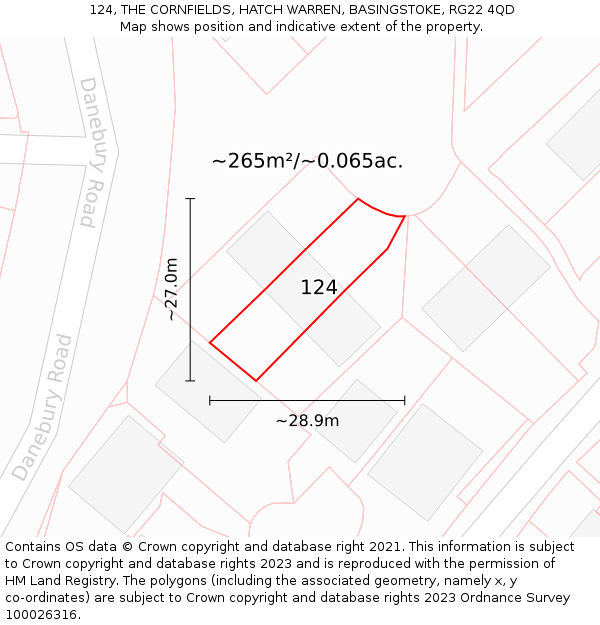 124, THE CORNFIELDS, HATCH WARREN, BASINGSTOKE, RG22 4QD: Plot and title map