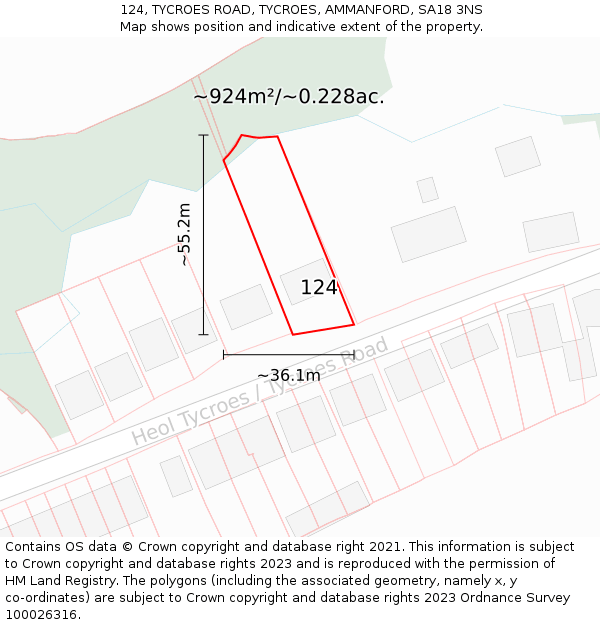 124, TYCROES ROAD, TYCROES, AMMANFORD, SA18 3NS: Plot and title map