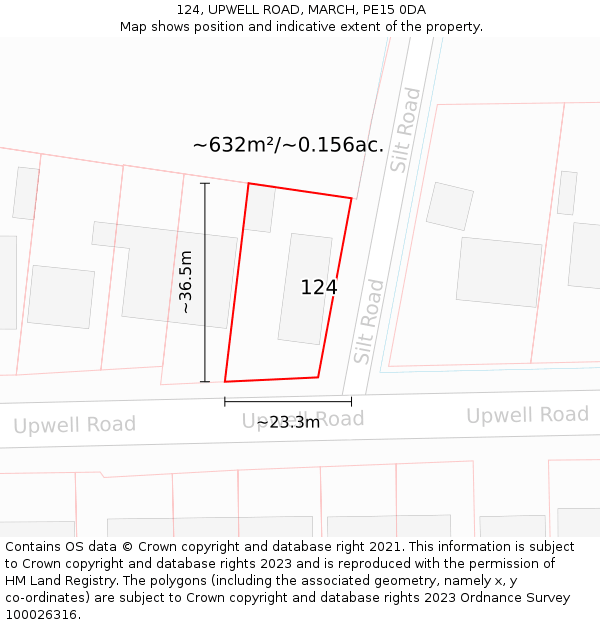 124, UPWELL ROAD, MARCH, PE15 0DA: Plot and title map