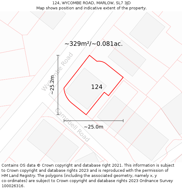 124, WYCOMBE ROAD, MARLOW, SL7 3JD: Plot and title map
