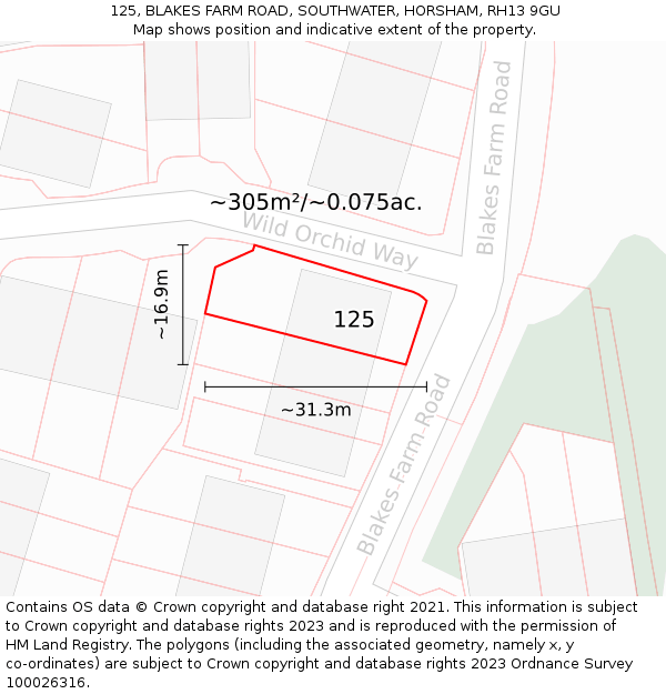 125, BLAKES FARM ROAD, SOUTHWATER, HORSHAM, RH13 9GU: Plot and title map