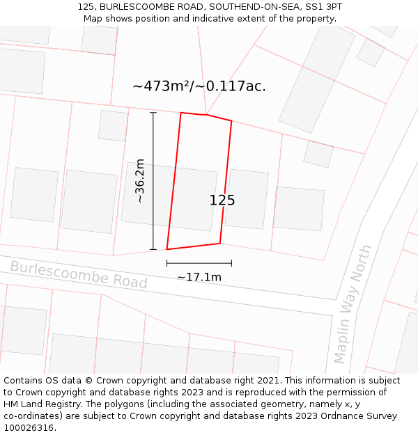 125, BURLESCOOMBE ROAD, SOUTHEND-ON-SEA, SS1 3PT: Plot and title map