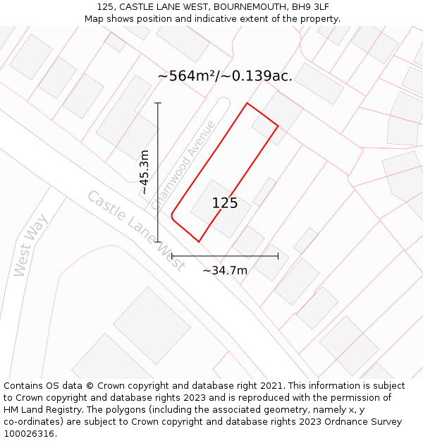 125, CASTLE LANE WEST, BOURNEMOUTH, BH9 3LF: Plot and title map