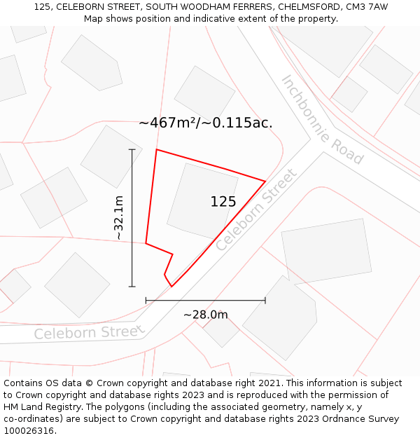 125, CELEBORN STREET, SOUTH WOODHAM FERRERS, CHELMSFORD, CM3 7AW: Plot and title map