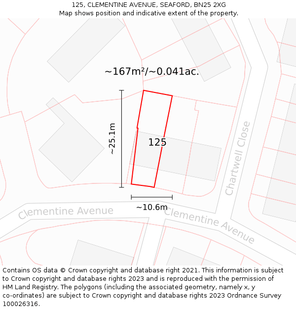 125, CLEMENTINE AVENUE, SEAFORD, BN25 2XG: Plot and title map