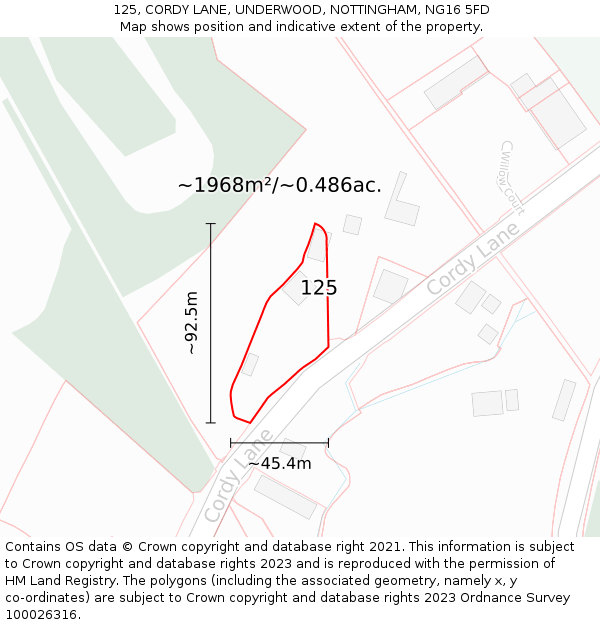 125, CORDY LANE, UNDERWOOD, NOTTINGHAM, NG16 5FD: Plot and title map
