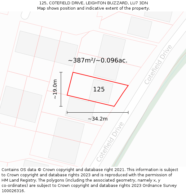 125, COTEFIELD DRIVE, LEIGHTON BUZZARD, LU7 3DN: Plot and title map