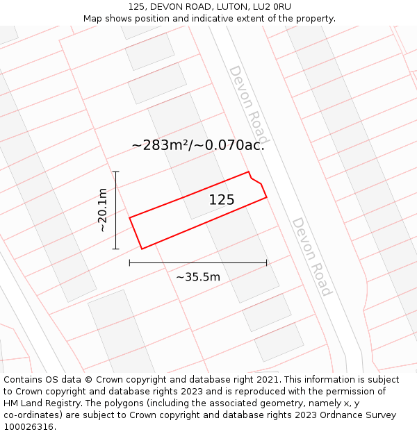 125, DEVON ROAD, LUTON, LU2 0RU: Plot and title map