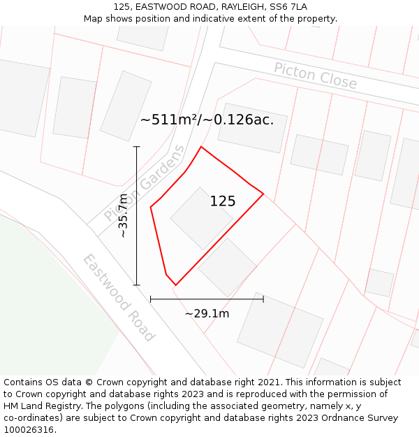 125, EASTWOOD ROAD, RAYLEIGH, SS6 7LA: Plot and title map