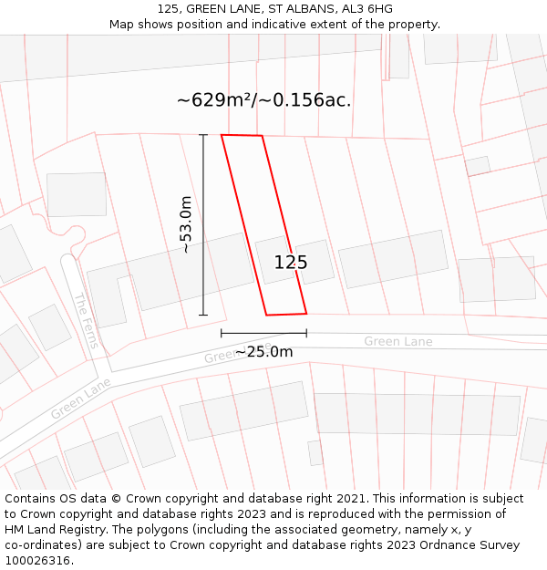 125, GREEN LANE, ST ALBANS, AL3 6HG: Plot and title map