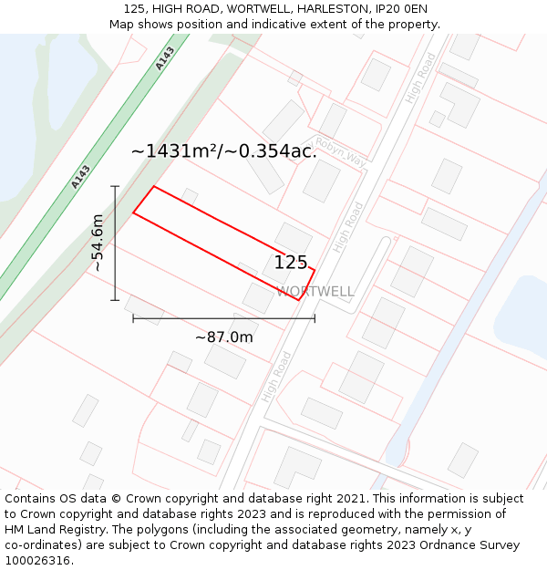 125, HIGH ROAD, WORTWELL, HARLESTON, IP20 0EN: Plot and title map