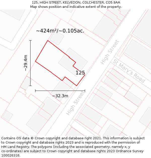 125, HIGH STREET, KELVEDON, COLCHESTER, CO5 9AA: Plot and title map