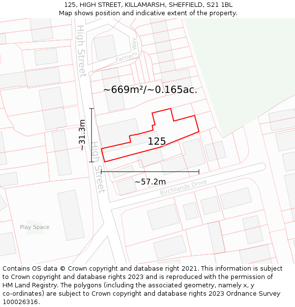 125, HIGH STREET, KILLAMARSH, SHEFFIELD, S21 1BL: Plot and title map