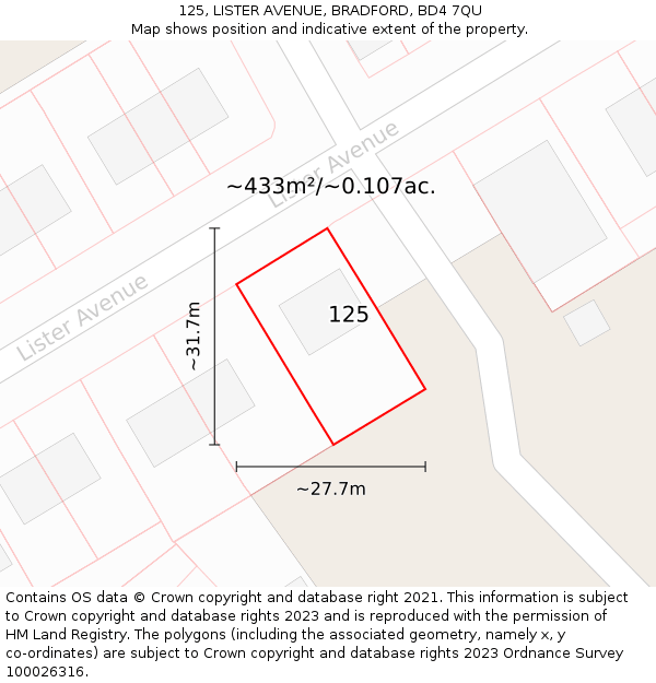 125, LISTER AVENUE, BRADFORD, BD4 7QU: Plot and title map