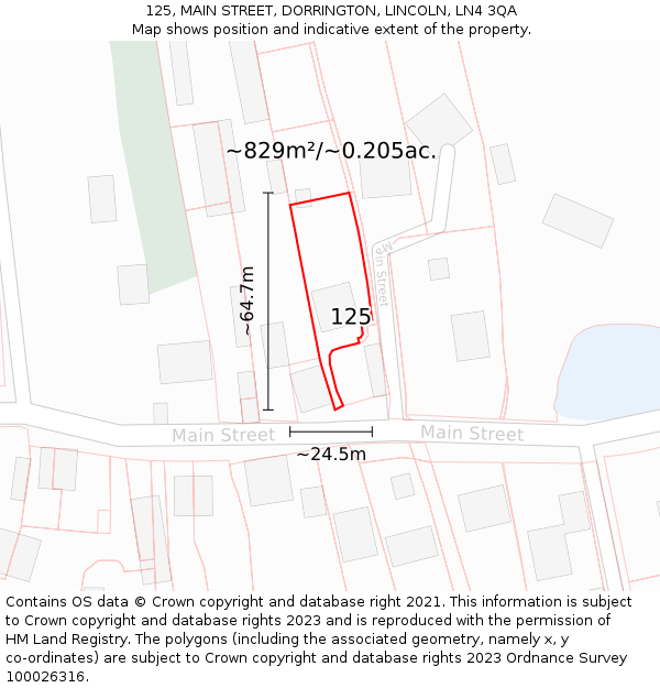 125, MAIN STREET, DORRINGTON, LINCOLN, LN4 3QA: Plot and title map