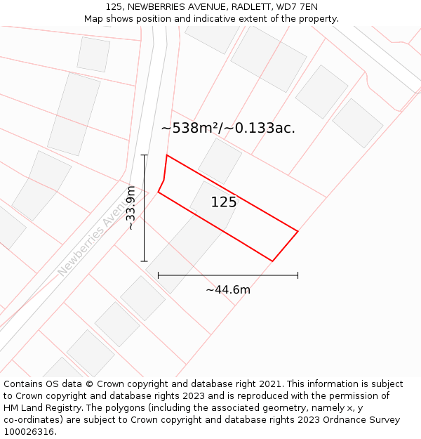 125, NEWBERRIES AVENUE, RADLETT, WD7 7EN: Plot and title map