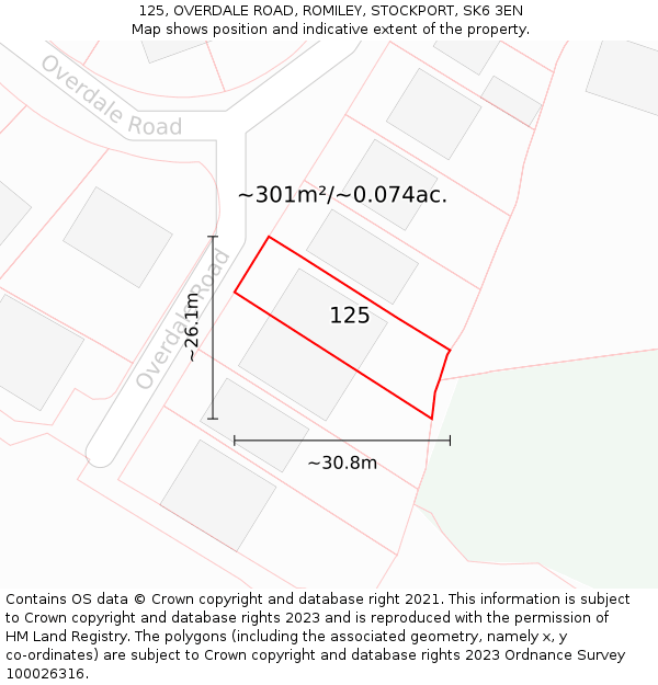 125, OVERDALE ROAD, ROMILEY, STOCKPORT, SK6 3EN: Plot and title map