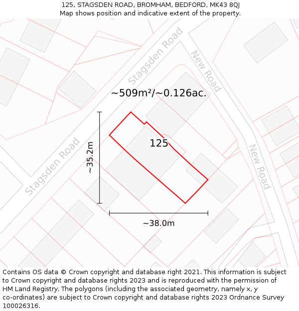 125, STAGSDEN ROAD, BROMHAM, BEDFORD, MK43 8QJ: Plot and title map