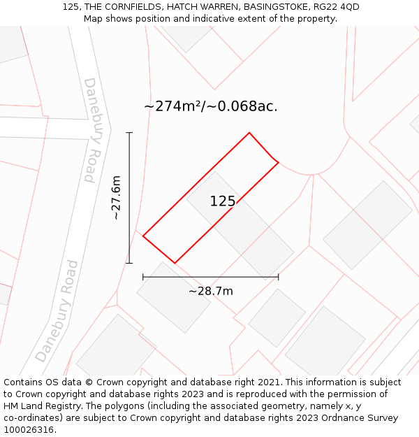 125, THE CORNFIELDS, HATCH WARREN, BASINGSTOKE, RG22 4QD: Plot and title map