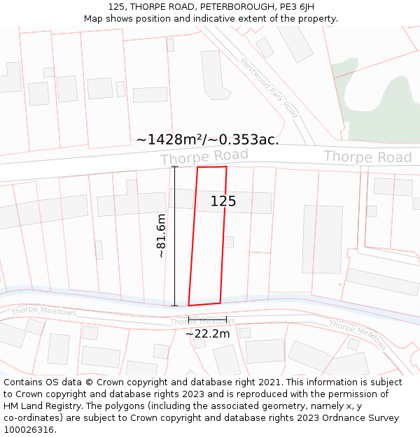 125, THORPE ROAD, PETERBOROUGH, PE3 6JH: Plot and title map