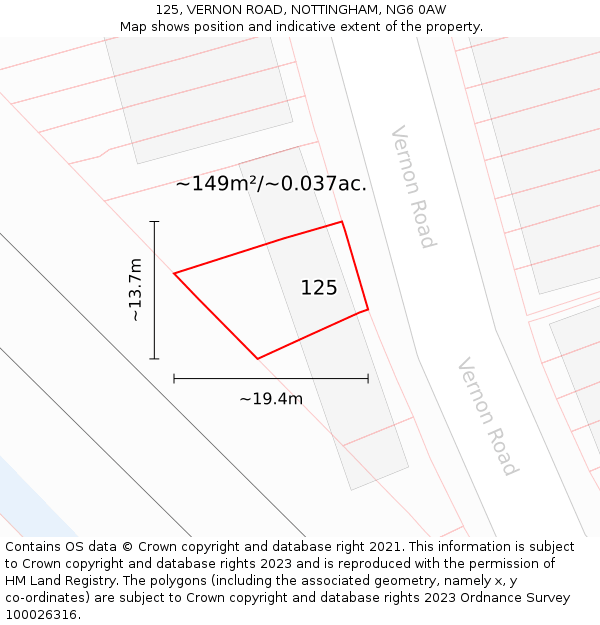 125, VERNON ROAD, NOTTINGHAM, NG6 0AW: Plot and title map