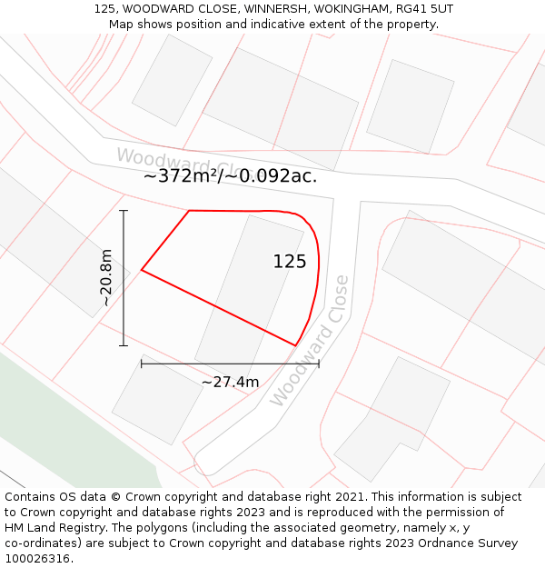 125, WOODWARD CLOSE, WINNERSH, WOKINGHAM, RG41 5UT: Plot and title map