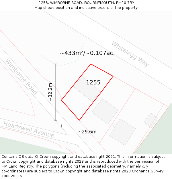 1255, WIMBORNE ROAD, BOURNEMOUTH, BH10 7BY: Plot and title map