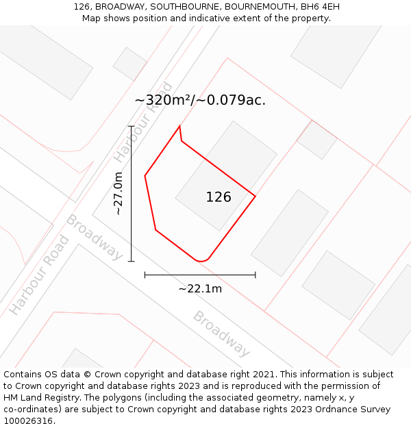 126, BROADWAY, SOUTHBOURNE, BOURNEMOUTH, BH6 4EH: Plot and title map