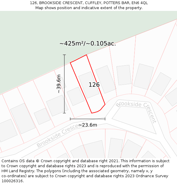 126, BROOKSIDE CRESCENT, CUFFLEY, POTTERS BAR, EN6 4QL: Plot and title map
