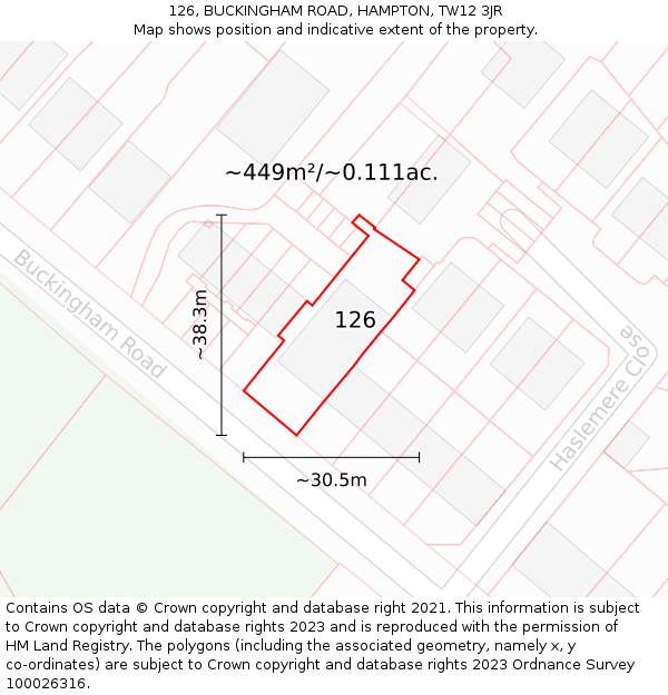 126, BUCKINGHAM ROAD, HAMPTON, TW12 3JR: Plot and title map