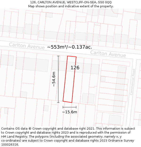 126, CARLTON AVENUE, WESTCLIFF-ON-SEA, SS0 0QQ: Plot and title map