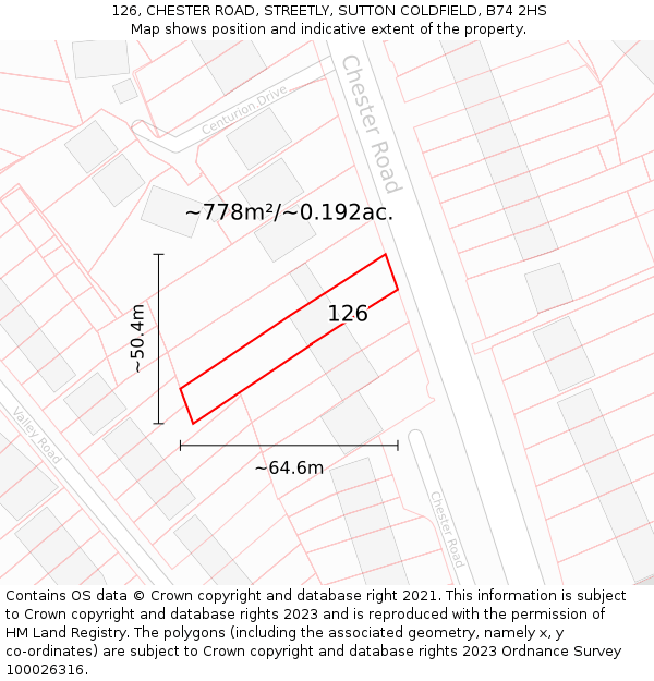 126, CHESTER ROAD, STREETLY, SUTTON COLDFIELD, B74 2HS: Plot and title map