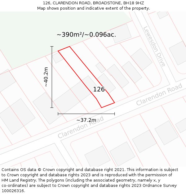 126, CLARENDON ROAD, BROADSTONE, BH18 9HZ: Plot and title map