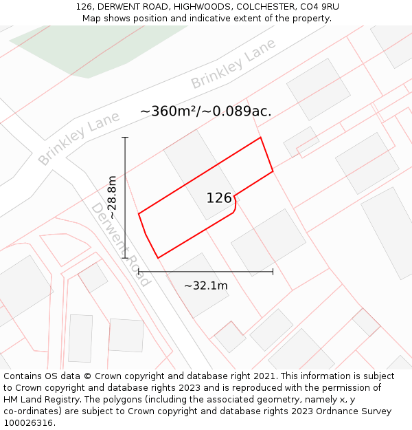 126, DERWENT ROAD, HIGHWOODS, COLCHESTER, CO4 9RU: Plot and title map