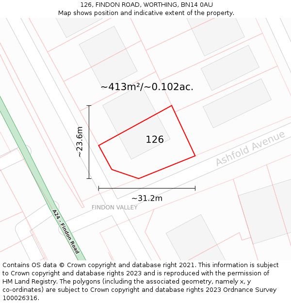 126, FINDON ROAD, WORTHING, BN14 0AU: Plot and title map