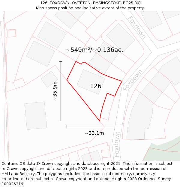 126, FOXDOWN, OVERTON, BASINGSTOKE, RG25 3JQ: Plot and title map