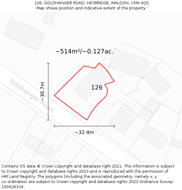 126, GOLDHANGER ROAD, HEYBRIDGE, MALDON, CM9 4QS: Plot and title map