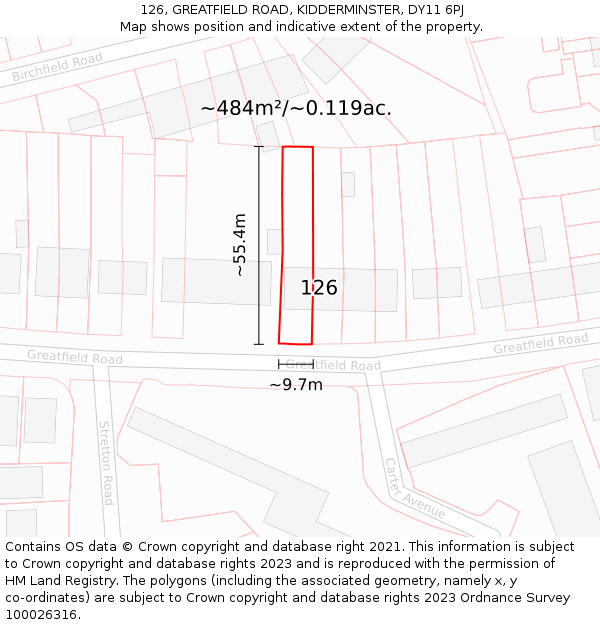 126, GREATFIELD ROAD, KIDDERMINSTER, DY11 6PJ: Plot and title map