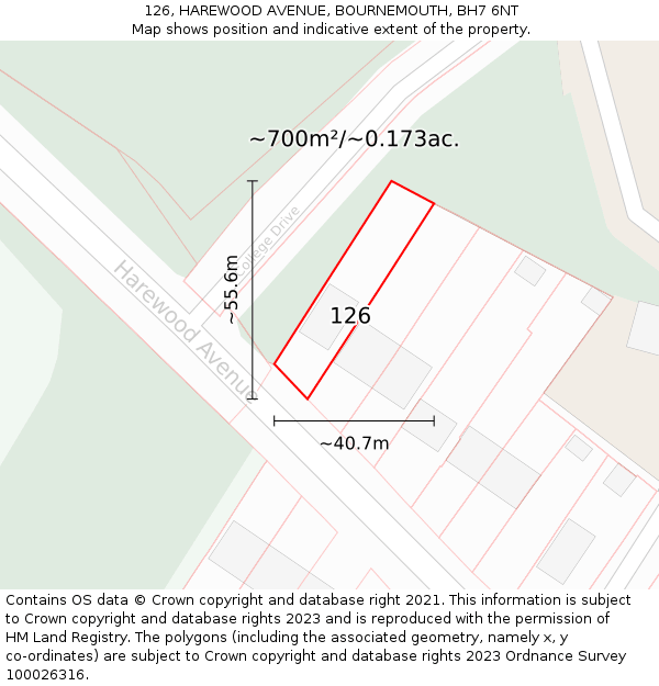 126, HAREWOOD AVENUE, BOURNEMOUTH, BH7 6NT: Plot and title map