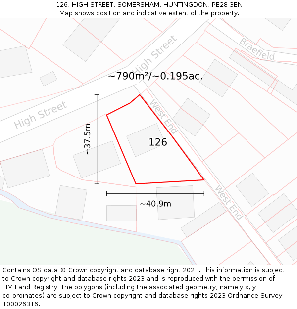 126, HIGH STREET, SOMERSHAM, HUNTINGDON, PE28 3EN: Plot and title map
