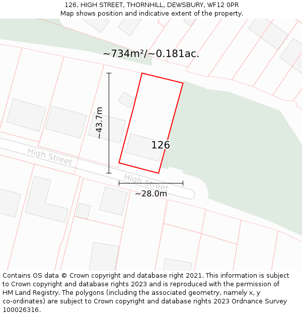 126, HIGH STREET, THORNHILL, DEWSBURY, WF12 0PR: Plot and title map