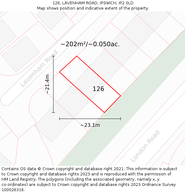 126, LAVENHAM ROAD, IPSWICH, IP2 0LD: Plot and title map