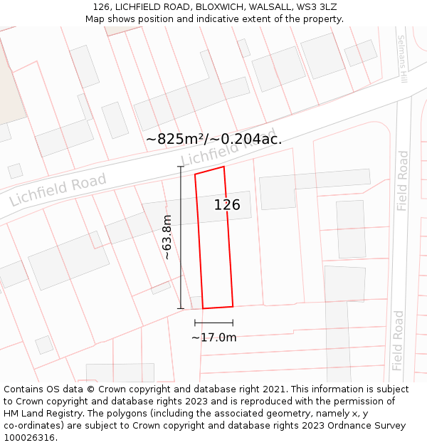 126, LICHFIELD ROAD, BLOXWICH, WALSALL, WS3 3LZ: Plot and title map