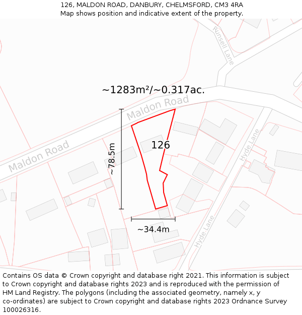 126, MALDON ROAD, DANBURY, CHELMSFORD, CM3 4RA: Plot and title map