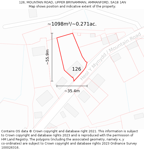 126, MOUNTAIN ROAD, UPPER BRYNAMMAN, AMMANFORD, SA18 1AN: Plot and title map