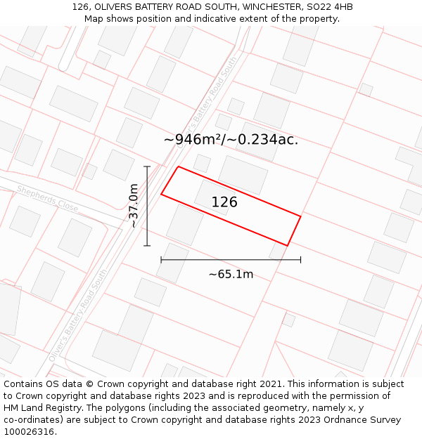 126, OLIVERS BATTERY ROAD SOUTH, WINCHESTER, SO22 4HB: Plot and title map