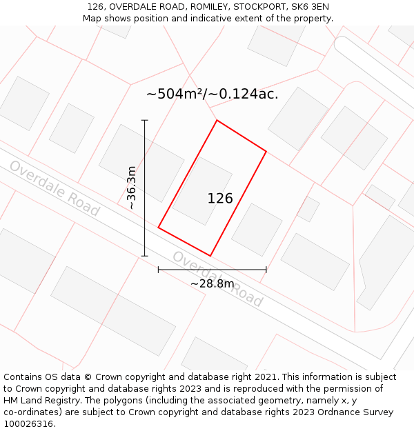 126, OVERDALE ROAD, ROMILEY, STOCKPORT, SK6 3EN: Plot and title map