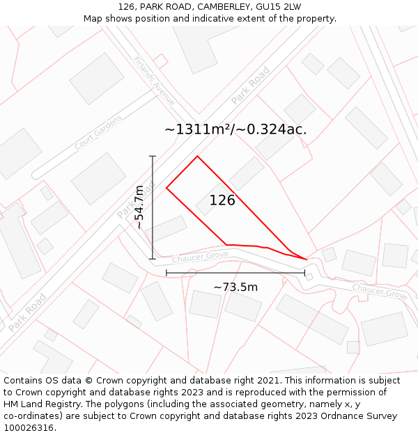 126, PARK ROAD, CAMBERLEY, GU15 2LW: Plot and title map