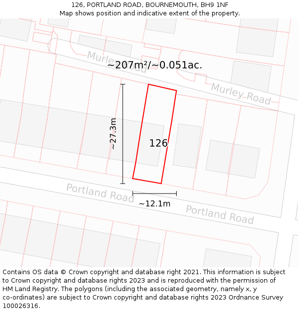 126, PORTLAND ROAD, BOURNEMOUTH, BH9 1NF: Plot and title map