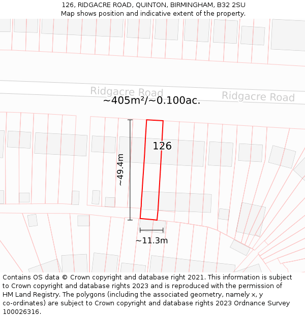 126, RIDGACRE ROAD, QUINTON, BIRMINGHAM, B32 2SU: Plot and title map